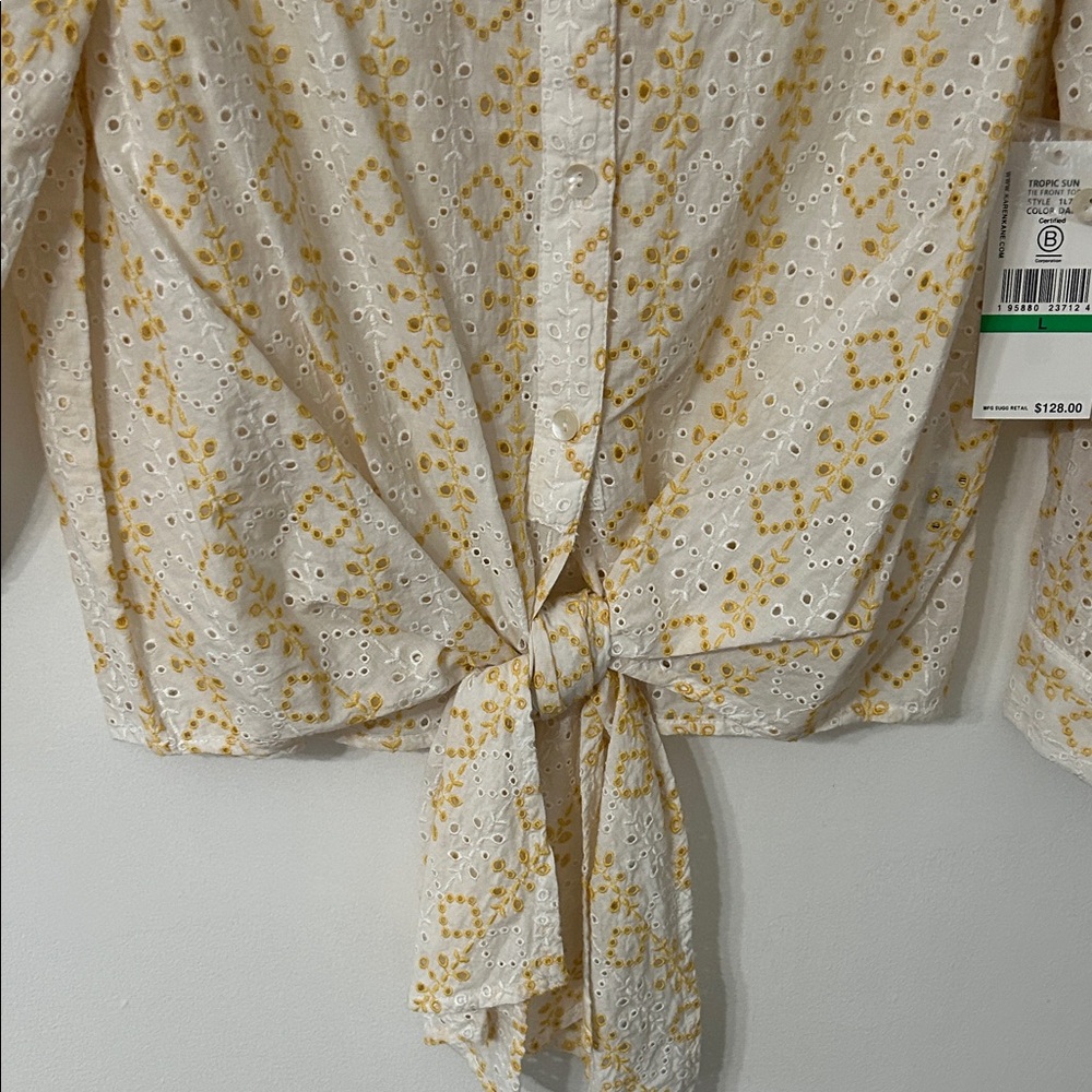 Karen Kane Tie Front Blouse Women’s L Tropic Sun Eyelet Bell Sleeves Spring NWT - Picture 5 of 15